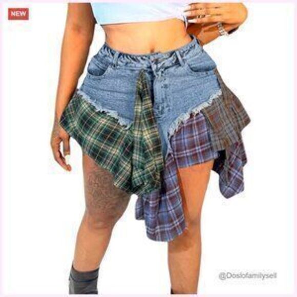 Dresses & Skirts - High Waisted Denim Mini Skirt with Plaid Patchwork and Ruffled Hem